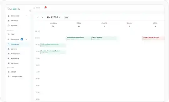 Agenda da IALOGA com consultas distribuídas por dia da semana e por profissional