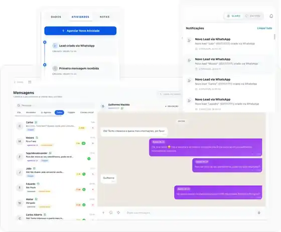 Tela de mensagens da IALOGA com atendimento por agente de IA no WhatsApp, fila de conversas e notificações de novos leads